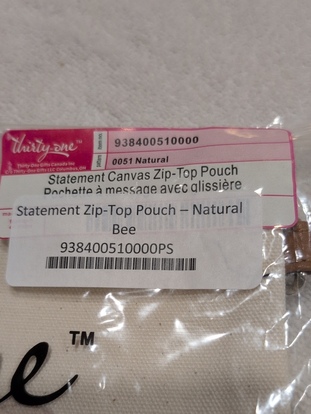 thirty-one Natural Canvas Zip-Top Pouch in Beige